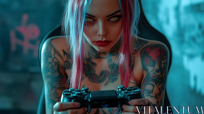 Focused Female Gamer with Tattoos AI Image