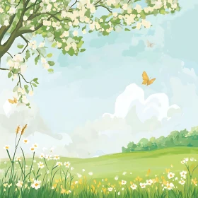 Spring Meadow Scene with Butterflies