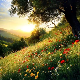 Picturesque Sunset in a Flower Field