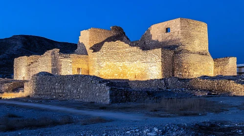 Illuminated Castle Ruins Under Night Sky