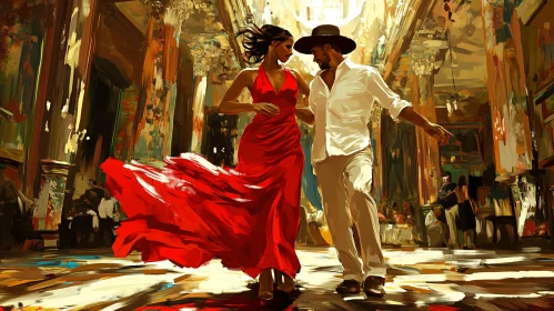 Elegant Dance Scene in Red and White