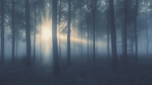 Ethereal Morning Light in Foggy Forest