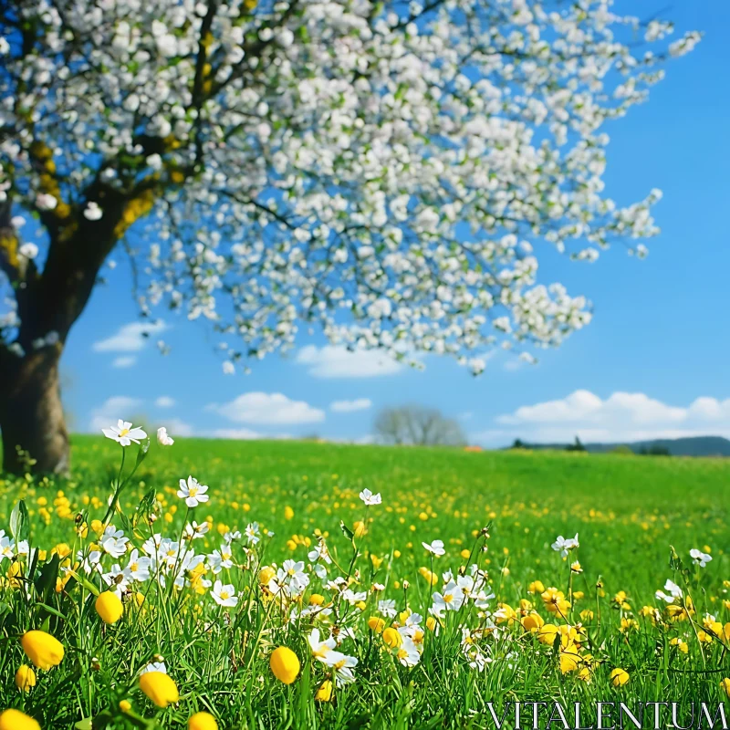 AI ART Spring Meadow with Flowers and Tree