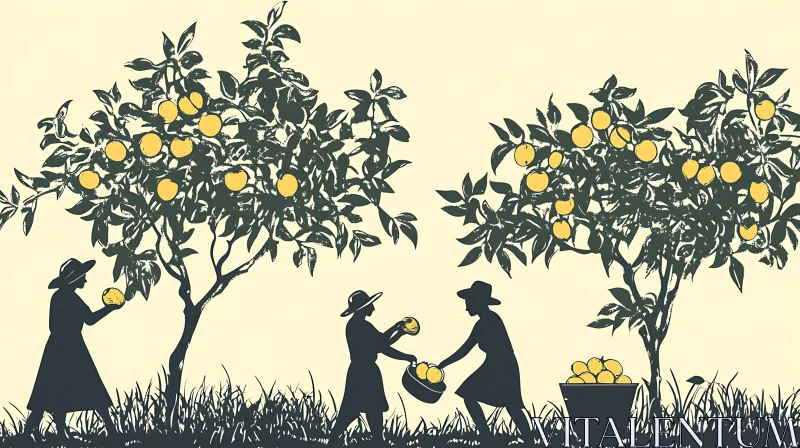 Silhouetted Women Harvesting Yellow Fruits AI Image