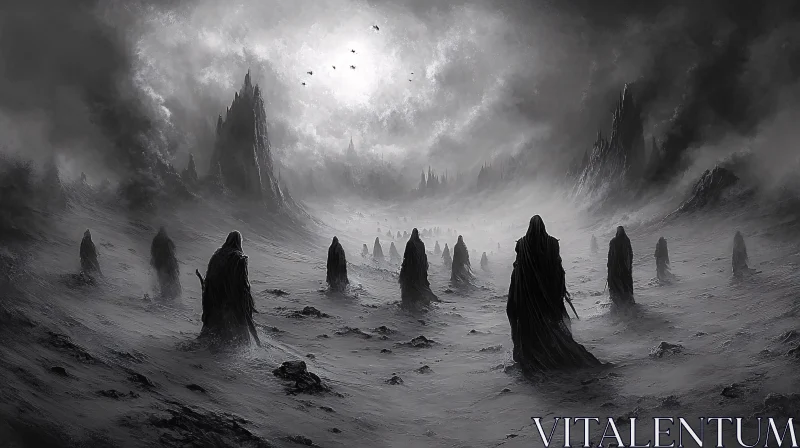 AI ART Cloaked Figures in Monochrome Wasteland