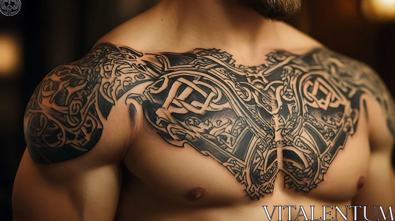 Elaborate Black Ink Tattoo on Male Torso AI Image