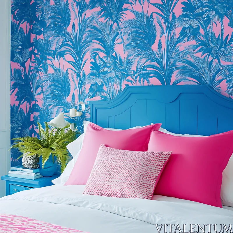 Tropical Pink and Blue Bedroom Design AI Image