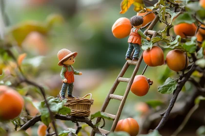 Miniature Figures Harvesting Persimmons