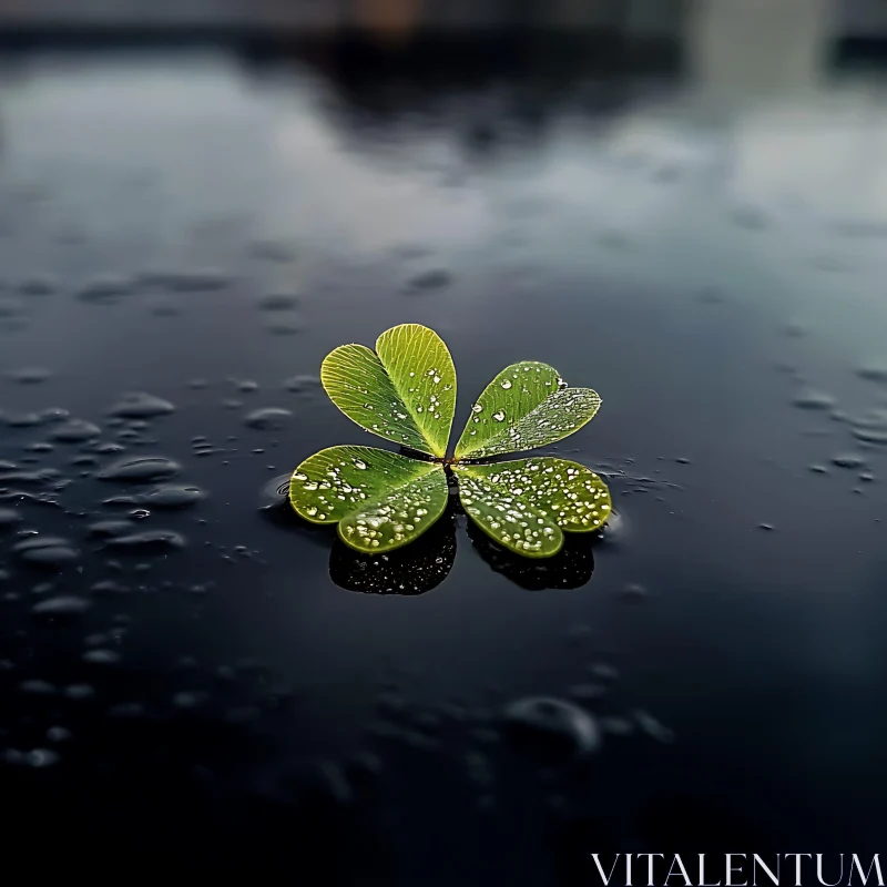 Serene Four-Leaf Clover in the Rain AI Image