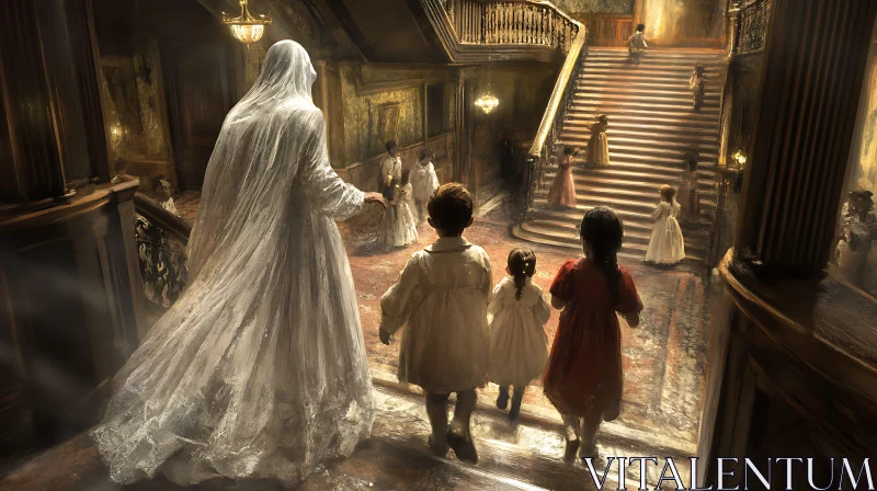 Children and Ghosts in Old Mansion AI Image