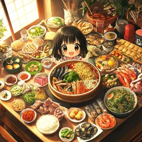 Young Girl with a Table Filled with Japanese Dishes