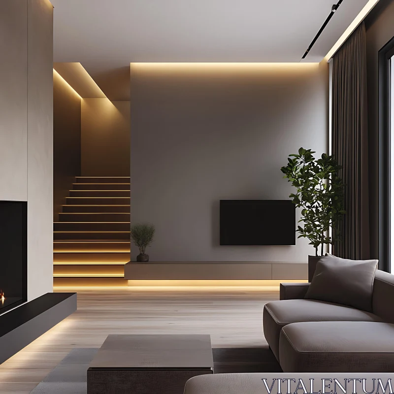 Minimalist Home Interior with Warm Lighting AI Image