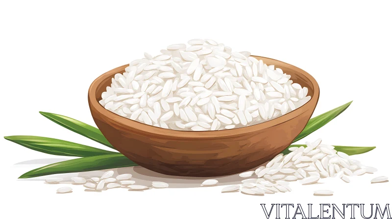 Wooden Bowl of White Rice with Greenery AI Image