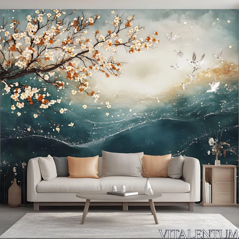 AI ART Blossom Tree and Birds Abstract Painting