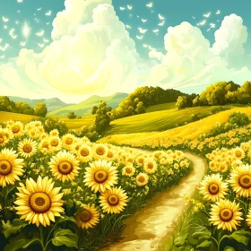 Golden Sunflower Meadow with Winding Path