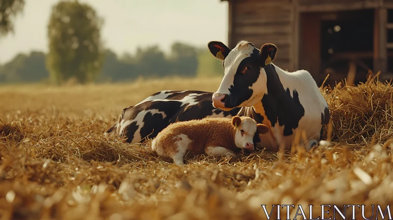 Peaceful Farm Scene with Cow Family AI Image