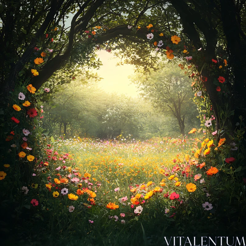 AI ART Sunlit Wildflower Meadow Through Floral Arch