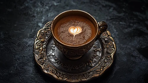 Antique Coffee Cup with Heart-Shaped Latte Art