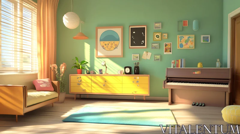 Sunlit Interior with Piano and Art AI Image