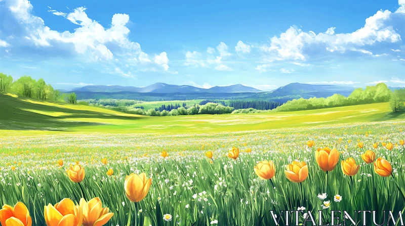 AI ART Vibrant Tulips in a Sunny Meadow