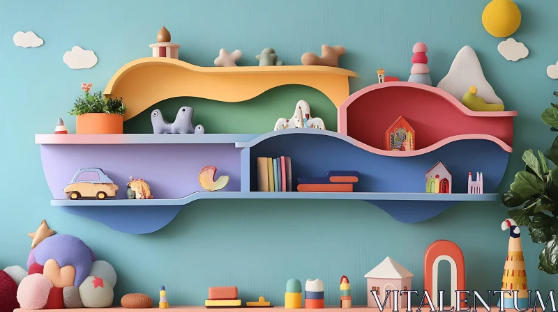 Colorful Toy and Decor Shelf Arrangement AI Image