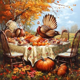 Autumnal Thanksgiving Feast with Turkeys