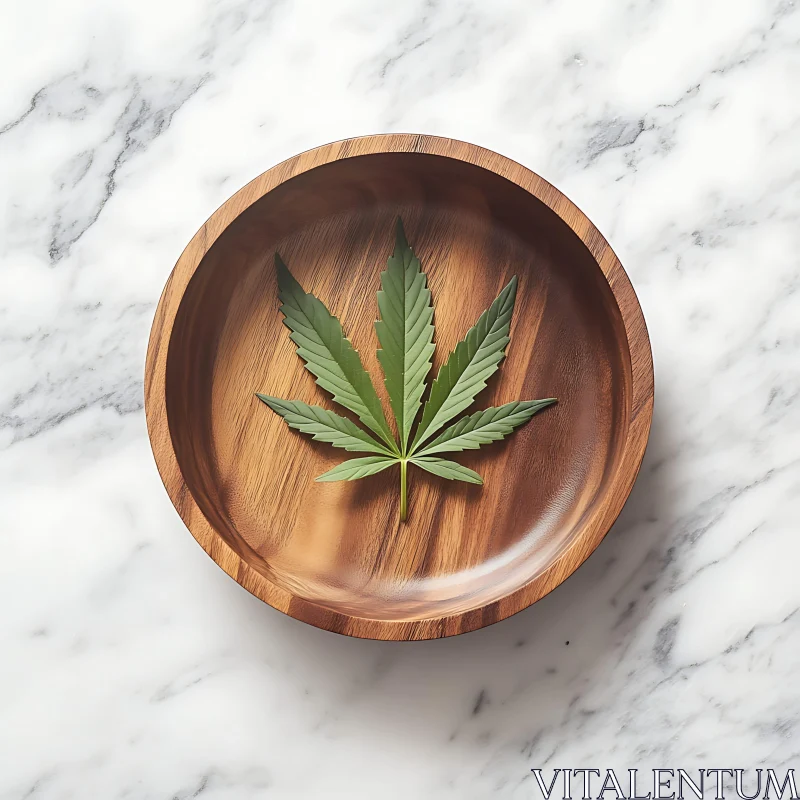 Nature and Simplicity: Green Leaf on Wooden Dish AI Image