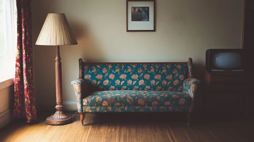 Retro Floral Sofa and Vintage Lamp