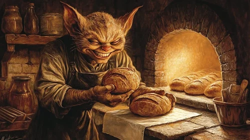 Grinning Goblin Holding Baked Bread