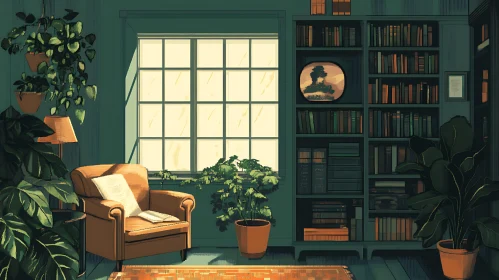 Cozy Interior with Bookshelf and Armchair