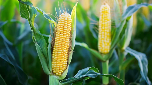 Vibrant Corncob in a Cornfield