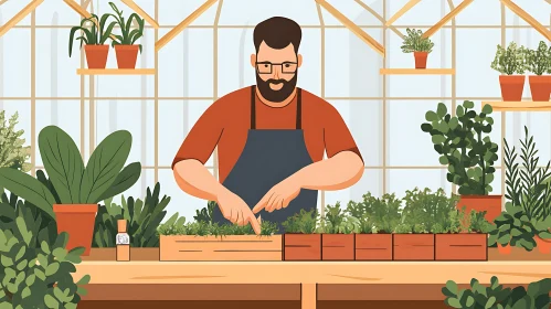 Greenhouse Gardener Tending Plants