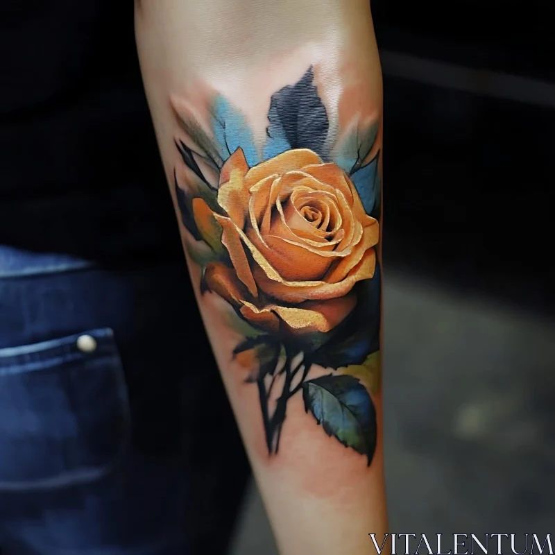 Detailed Forearm Tattoo of an Orange Rose AI Image