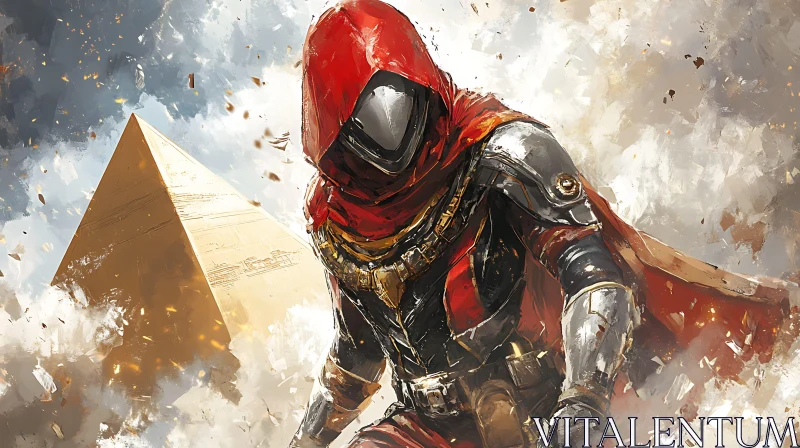 AI ART Red Hood Warrior Near Pyramid