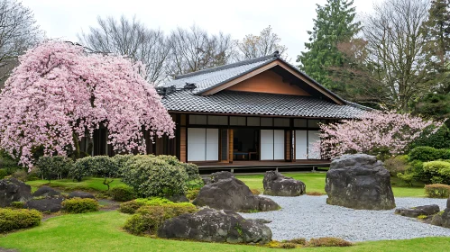 Zen Garden House with Blooming Cherry Trees