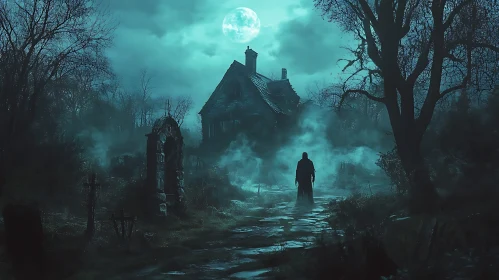Mysterious Figure Approaching Haunted House