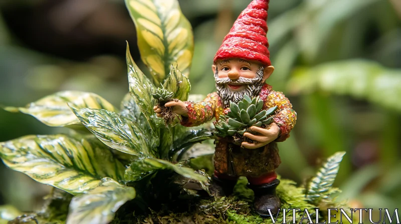 Whimsical Gnome with Succulents in Greenery AI Image