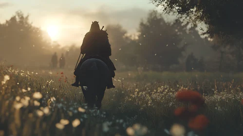 Silhouette on Horseback in Flower Meadow