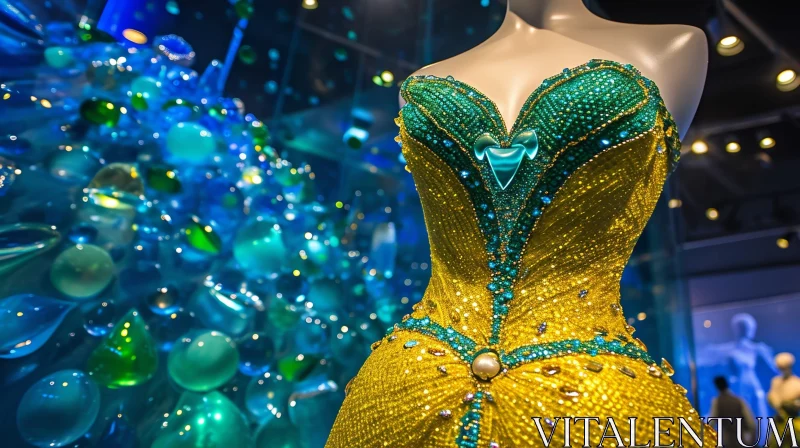 Elegant Golden Dress with Green and Blue Gems | Fashion Art AI Image