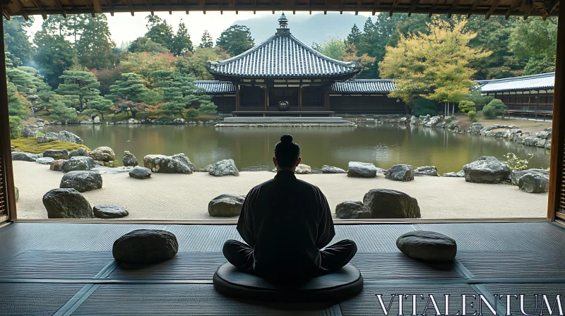 Meditative Solitude in Japanese Garden Setting AI Image