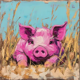 Pink Pig Portrait in Golden Wheat