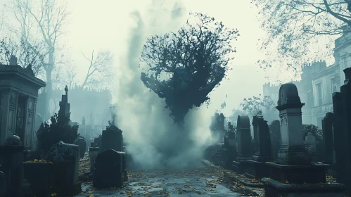 Fog-Shrouded Cemetery with Spectral Tree