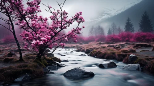 Serene Nature: A Beautiful Tree by a Small Water River with Pink Flowers