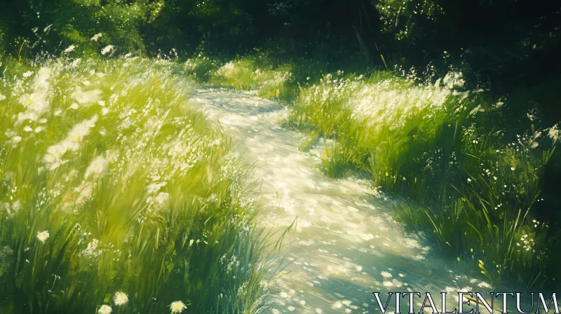 AI ART Tranquil Nature Path through a Sunlit Meadow