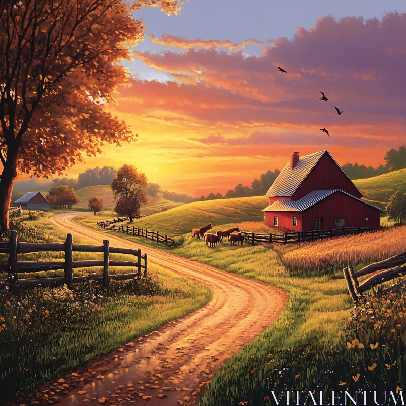 Rural Sunset Scene with Barn and Horses AI Image