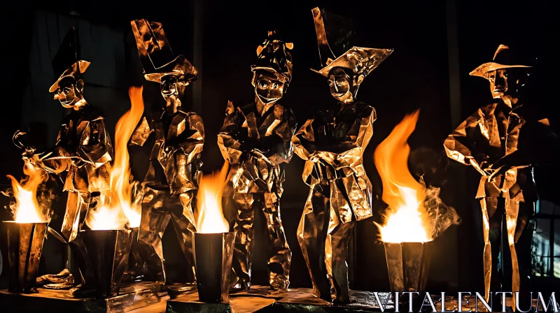 Metal Sculptures with Fire Torches AI Image