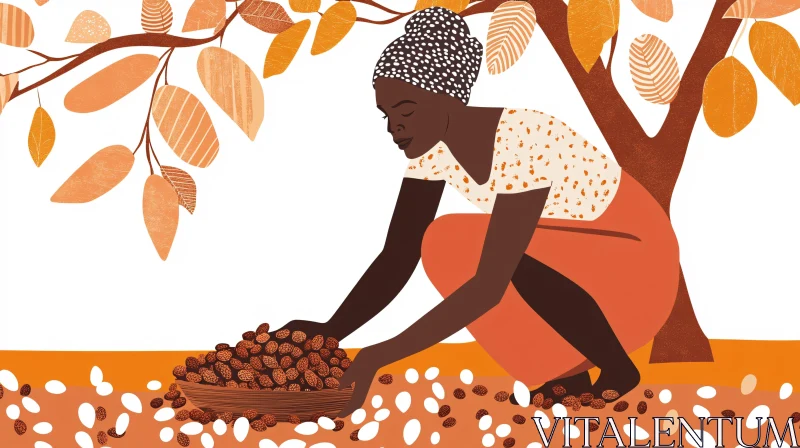 Woman Harvesting Nuts Graphic Illustration AI Image