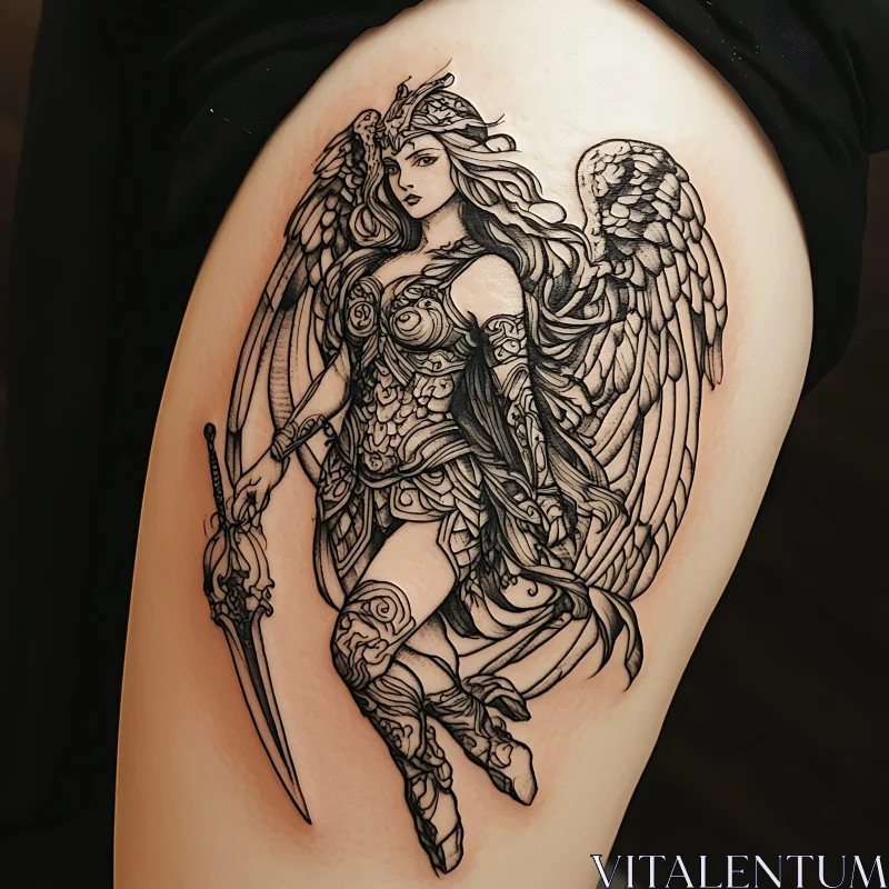 Winged Female Warrior Tattoo Art AI Image