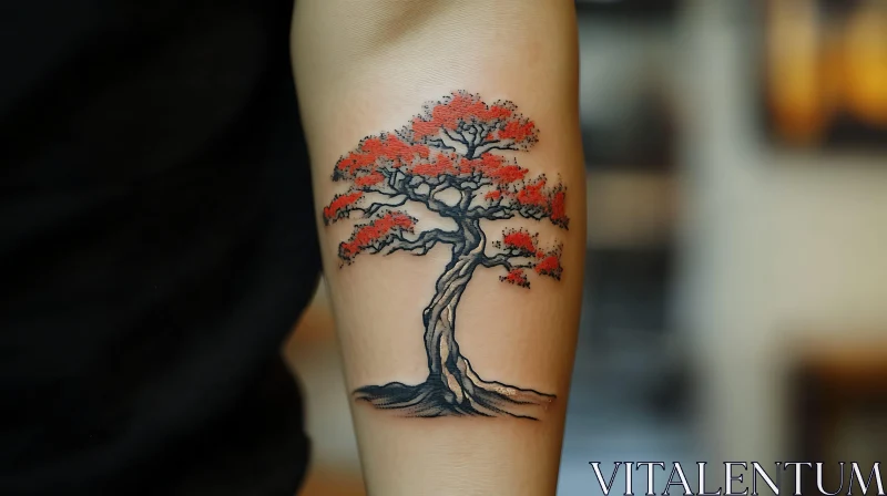 Artistic Tree Tattoo with Red Leaves AI Image