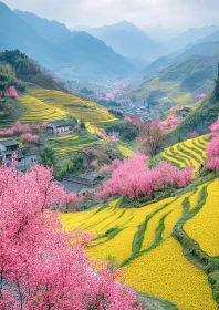 Pink Blossoms Overlook Yellow Terraces